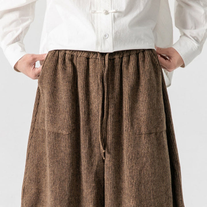 Pantalones de algodón de pierna ancha con bolsillos y diseño de cordón de color liso para hombre de Buddha Stones Daily - image 20