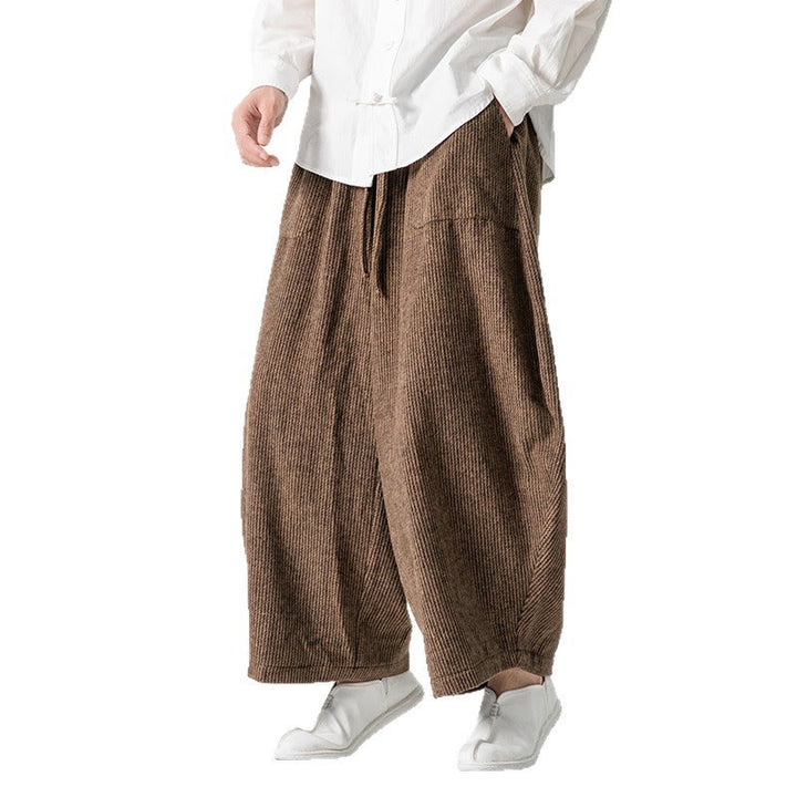 Pantalones de algodón de pierna ancha con bolsillos y diseño de cordón de color liso para hombre de Buddha Stones Daily - image 19