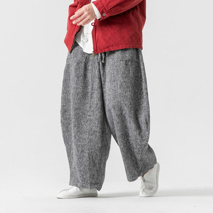Pantalones de algodón de pierna ancha con bolsillos y diseño de cordón de color liso para hombre de Buddha Stones Daily - image 27