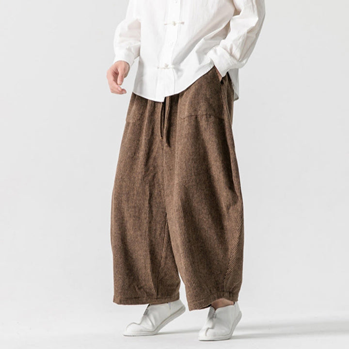 Pantalones de algodón de pierna ancha con bolsillos y diseño de cordón de color liso para hombre de Buddha Stones Daily - image 11