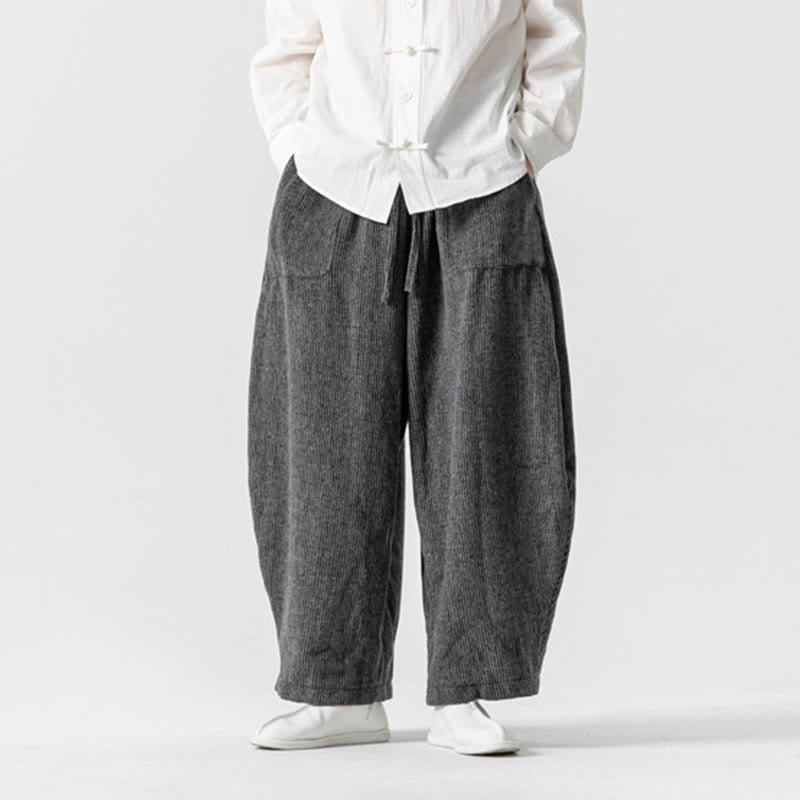 Pantalones de algodón de pierna ancha con bolsillos y diseño de cordón de color liso para hombre de Buddha Stones Daily - image 2