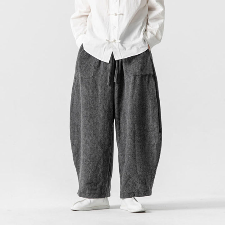 Pantalones de algodón de pierna ancha con bolsillos y diseño de cordón de color liso para hombre de Buddha Stones Daily - image 2