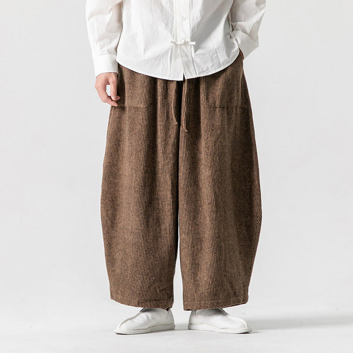 Pantalones de algodón de pierna ancha con bolsillos y diseño de cordón de color liso para hombre de Buddha Stones Daily - image 14