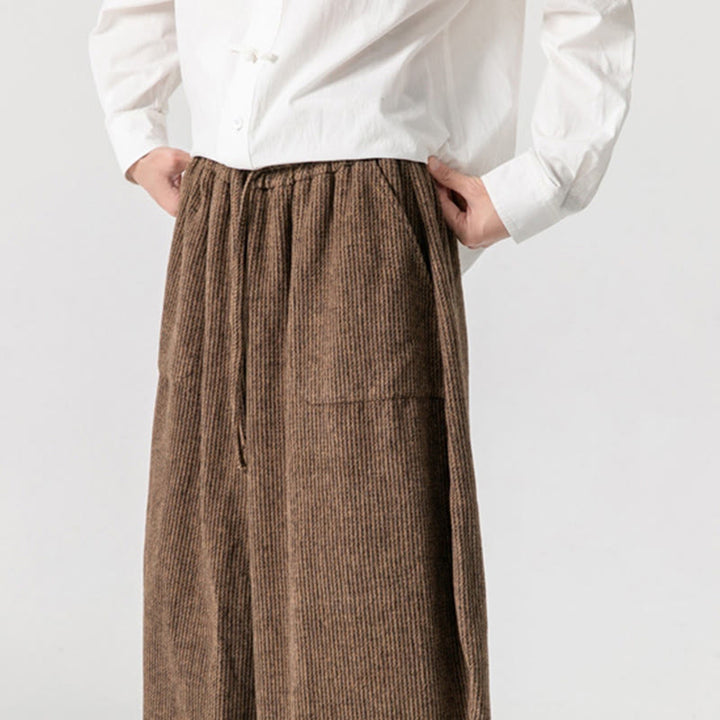 Pantalones de algodón de pierna ancha con bolsillos y diseño de cordón de color liso para hombre de Buddha Stones Daily - image 21