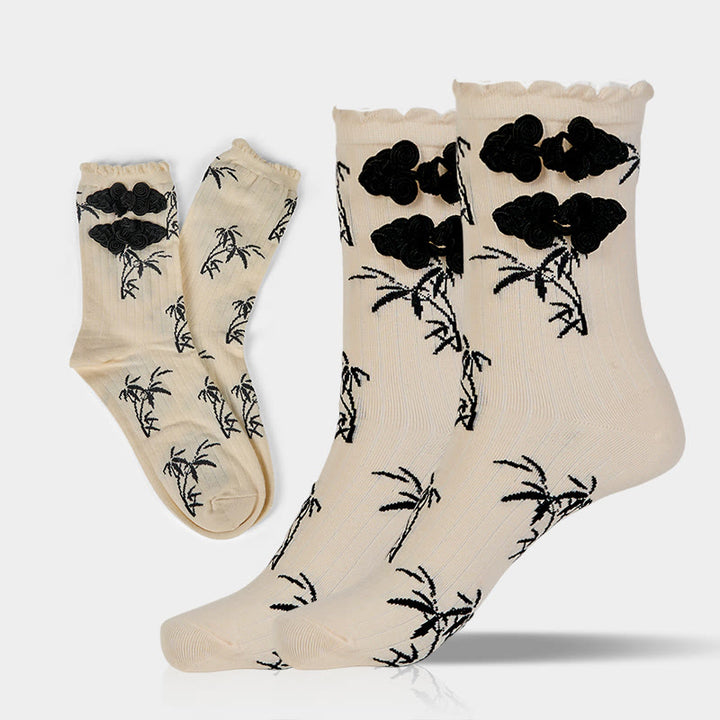 Buddha Stones de mujer con diseño de rana china y botones de jacquard de bambú - Blanco floral - Talla única (US. 5,5-8,5, EU 36-40, UK/AU 3,5-6,5, AISA 23-25 ​​cm) - image 9