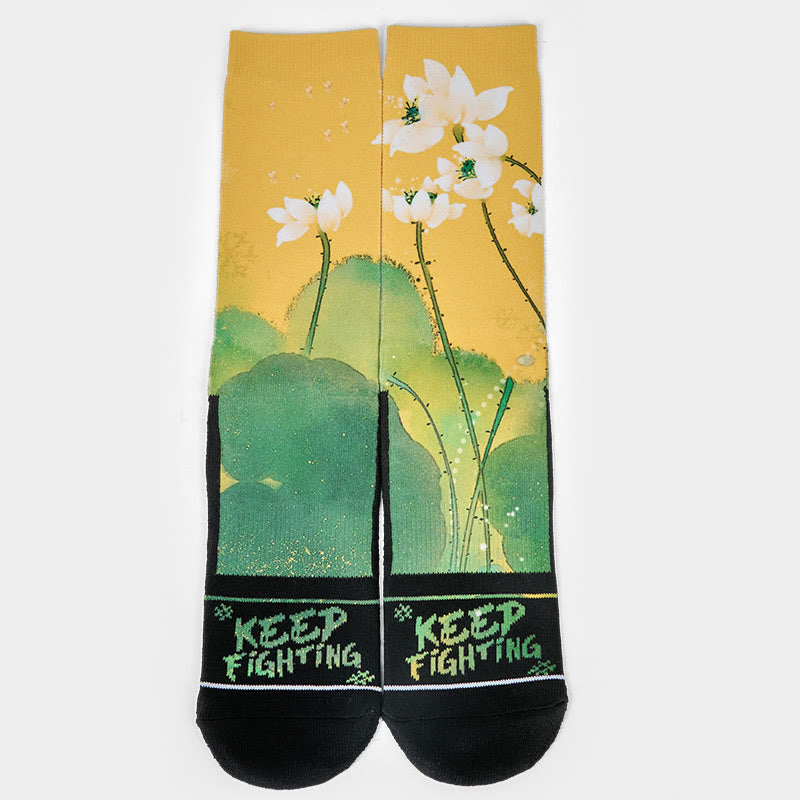 Calcetines unisex con diseño de Buddha Stones, flores de loto beige y hojas, estilo informal, para hombre y mujer - image 1
