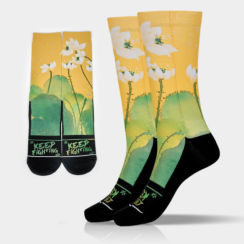 Calcetines unisex con diseño de Buddha Stones, flores de loto beige y hojas, estilo informal, para hombre y mujer - Oro - Talla única (US. 5-10.5, EU 38-44, UK/AU 5-10.5, AISA 24.5-28 cm) - image 0