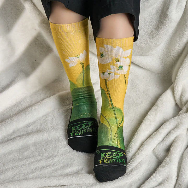 Calcetines unisex con diseño de Buddha Stones, flores de loto beige y hojas, estilo informal, para hombre y mujer - image 5