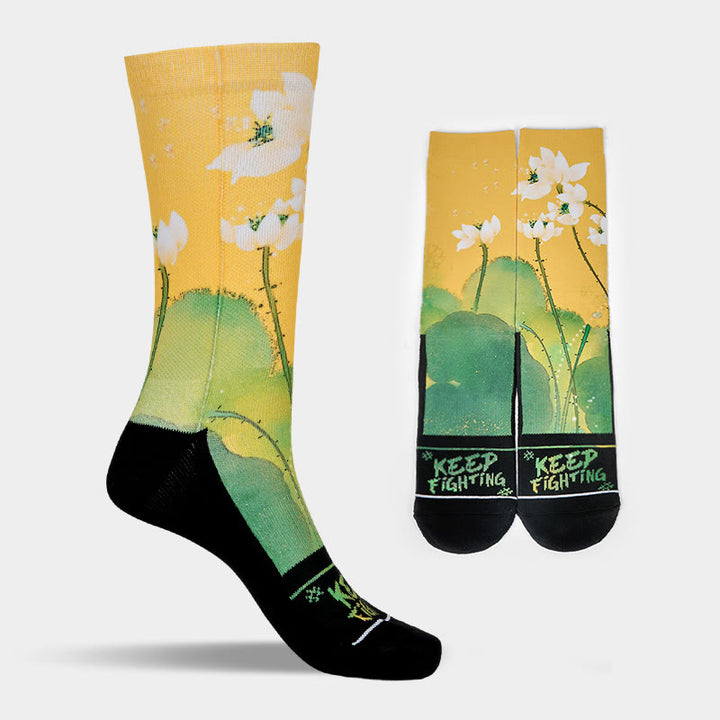 Calcetines unisex con diseño de Buddha Stones, flores de loto beige y hojas, estilo informal, para hombre y mujer - image 7