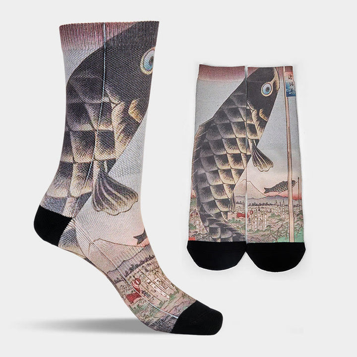 Calcetines unisex con diseño de pez koi y monte Fuji para hombre y mujer - image 11