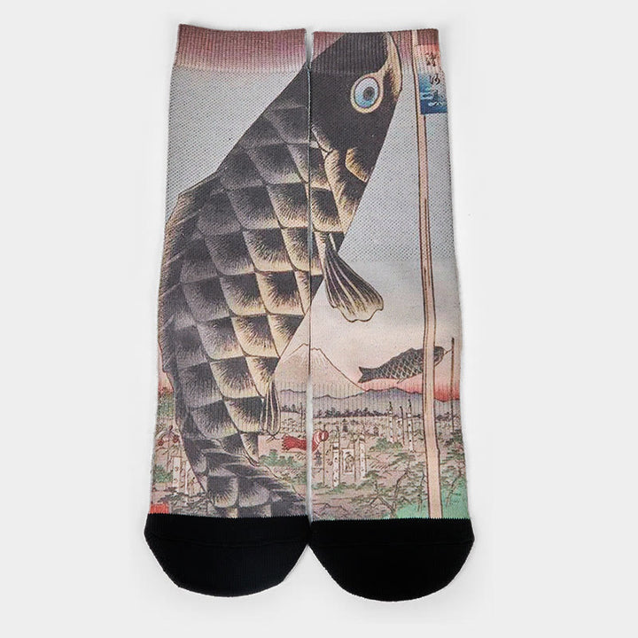 Calcetines unisex con diseño de pez koi y monte Fuji para hombre y mujer - image 1