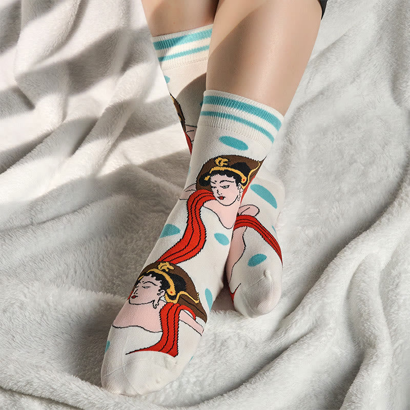 Calcetines informales con diseño Feitian de Dunhuang Buddha Stones para mujer - Blanco - S(US. 4,5-8,5, EU 35-39, UK/AU 2,5-6, AISA 22,5-25 cm) - image 0
