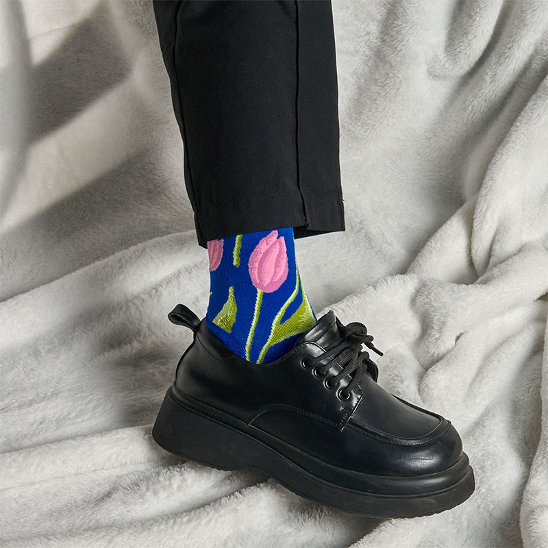 Calcetines unisex de algodón con estampado de tulipán azul medio y Buddha Stones para hombre y mujer - image 3