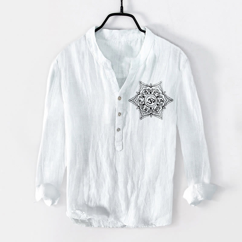 Camisa de manga larga para hombre, de algodón y lino, con diseño de mandala y botones a la mitad , con Buddha Stones Om Mani Padme Hum. - image 1