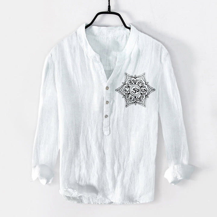 Camisa de manga larga para hombre, de algodón y lino, con diseño de mandala y botones a la mitad , con Buddha Stones Om Mani Padme Hum. - image 1