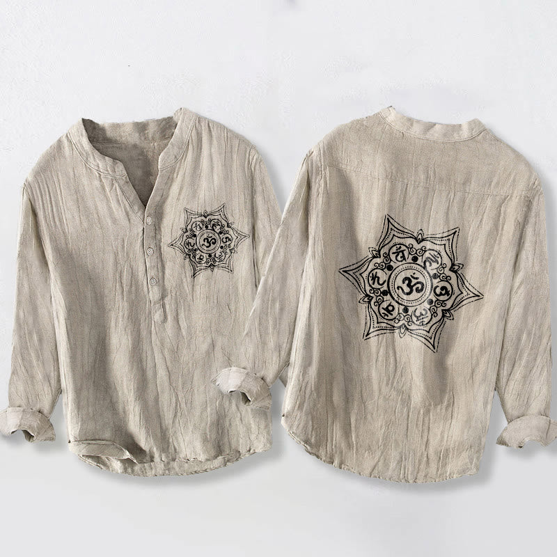 Camisa de manga larga para hombre, de algodón y lino, con diseño de mandala y botones a la mitad , con Buddha Stones Om Mani Padme Hum. - Lino - US/UK/AU50, EU60 (5XL) - image 3