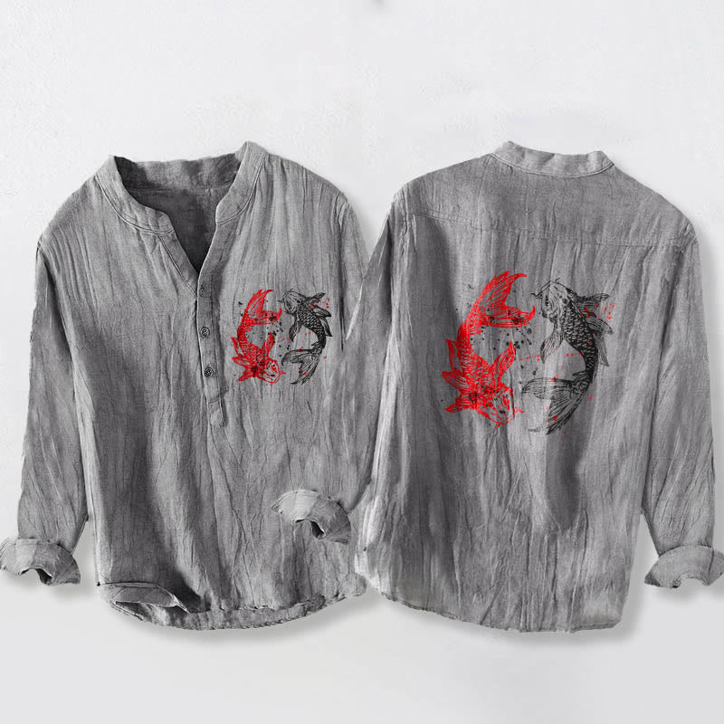 Camisa de manga larga para hombre, de algodón y lino, con diseño de Buddha Stones, Yin Yang y peces koi, medio botón y estampado de yin y yang. - Gris - US/UK/AU50, EU60 (5XL) - image 0