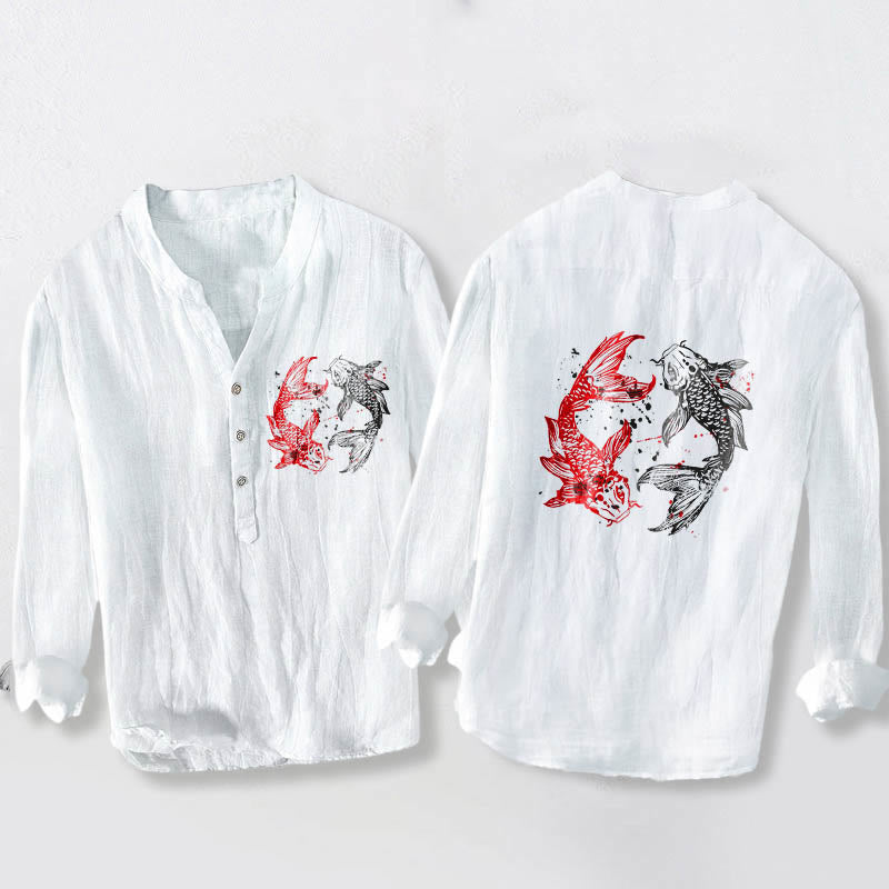 Camisa de manga larga para hombre, de algodón y lino, con diseño de Buddha Stones, Yin Yang y peces koi, medio botón y estampado de yin y yang. - Blanco - US/UK/AU50, EU60 (5XL) - image 3