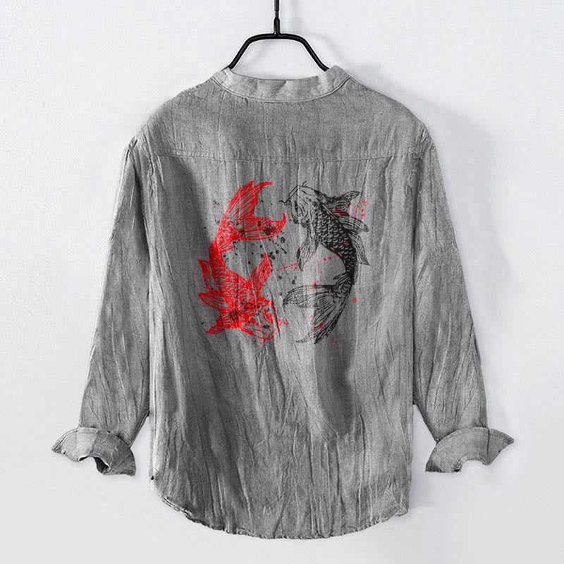 Camisa de manga larga para hombre, de algodón y lino, con diseño de Buddha Stones, Yin Yang y peces koi, medio botón y estampado de yin y yang. - image 2