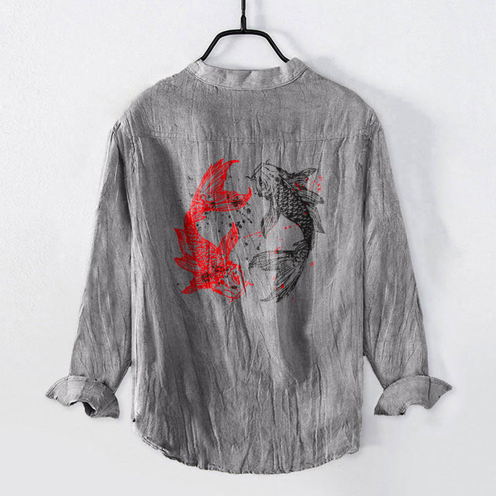 Camisa de manga larga para hombre, de algodón y lino, con diseño de Buddha Stones, Yin Yang y peces koi, medio botón y estampado de yin y yang. - image 2