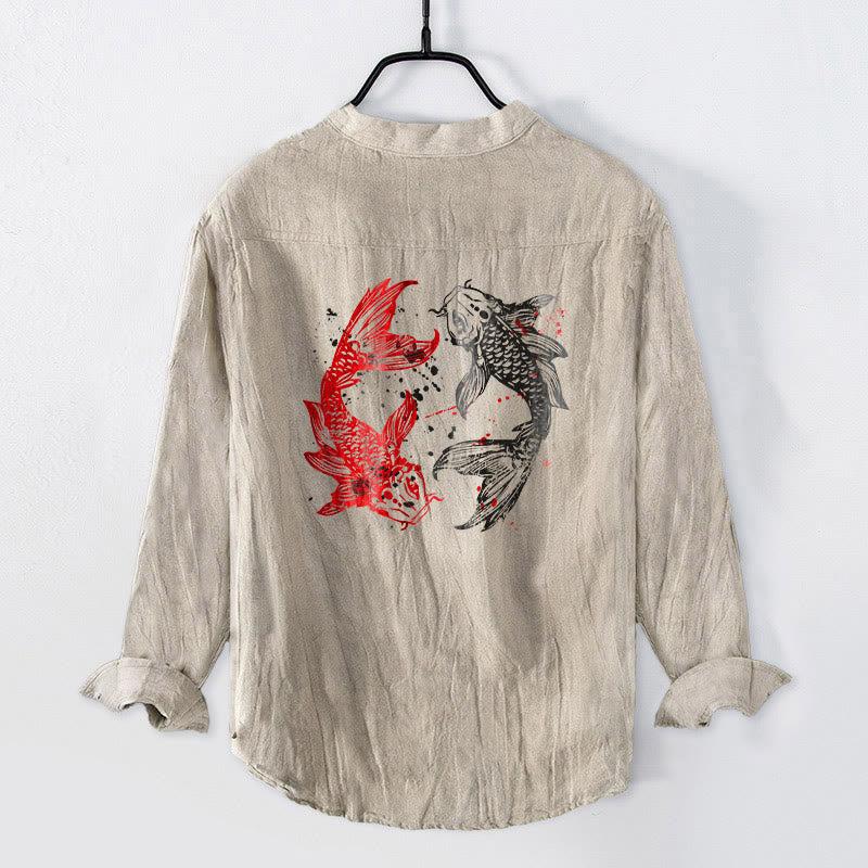 Camisa de manga larga para hombre, de algodón y lino, con diseño de Buddha Stones, Yin Yang y peces koi, medio botón y estampado de yin y yang. - image 8