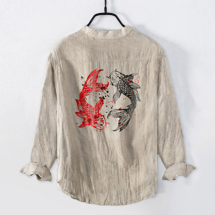 Camisa de manga larga para hombre, de algodón y lino, con diseño de Buddha Stones, Yin Yang y peces koi, medio botón y estampado de yin y yang. - image 8