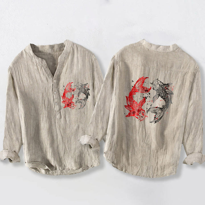 Camisa de manga larga para hombre, de algodón y lino, con diseño de Buddha Stones, Yin Yang y peces koi, medio botón y estampado de yin y yang. - Lino - US/UK/AU50, EU60 (5XL) - image 6