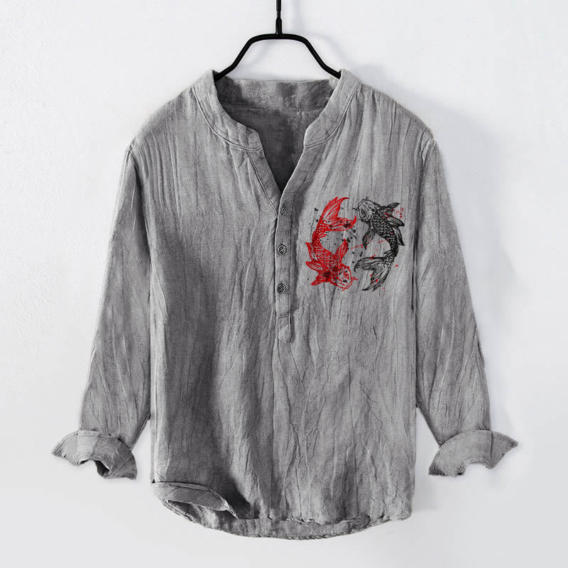 Camisa de manga larga para hombre, de algodón y lino, con diseño de Buddha Stones, Yin Yang y peces koi, medio botón y estampado de yin y yang. - image 1