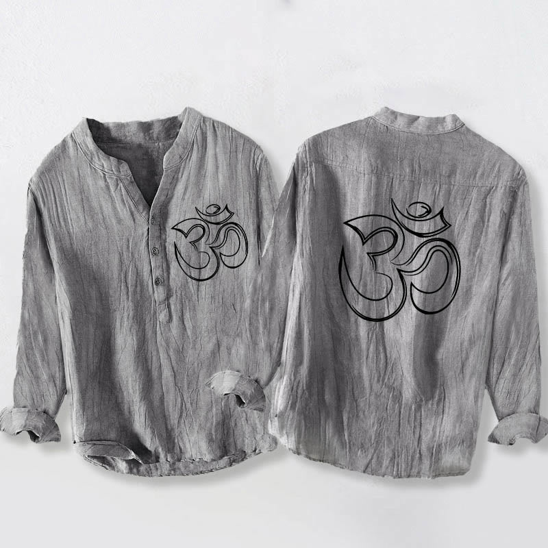 Camisa de manga larga para hombre, de algodón y lino, con estampado liso del símbolo Om y botones a la mitad. - Gris - US/UK/AU50, EU60 (5XL) - image 0
