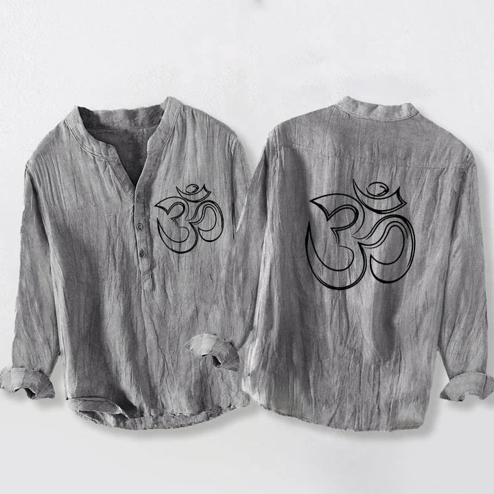 Camisa de manga larga para hombre, de algodón y lino, con estampado liso del símbolo Om y botones a la mitad. - Gris - US/UK/AU50, EU60 (5XL) - image 0