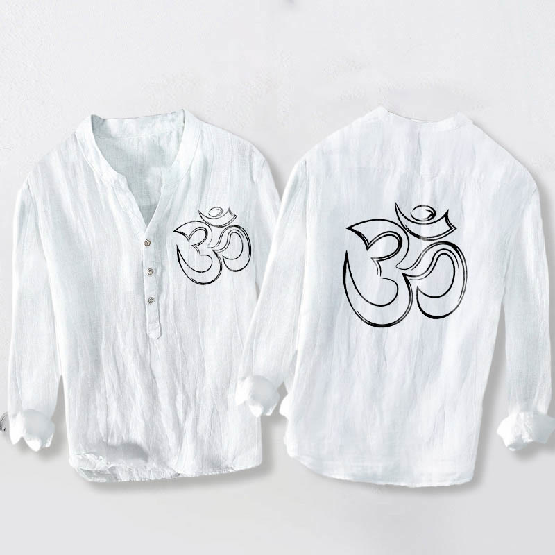 Camisa de manga larga para hombre, de algodón y lino, con estampado liso del símbolo Om y botones a la mitad. - Blanco - US/UK/AU50, EU60 (5XL) - image 6