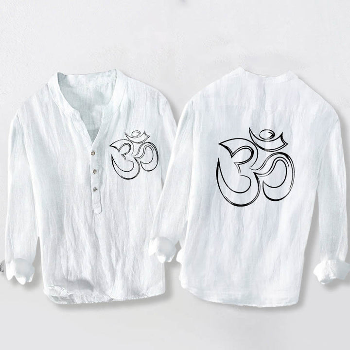 Camisa de manga larga para hombre, de algodón y lino, con estampado liso del símbolo Om y botones a la mitad. - Blanco - US/UK/AU50, EU60 (5XL) - image 6