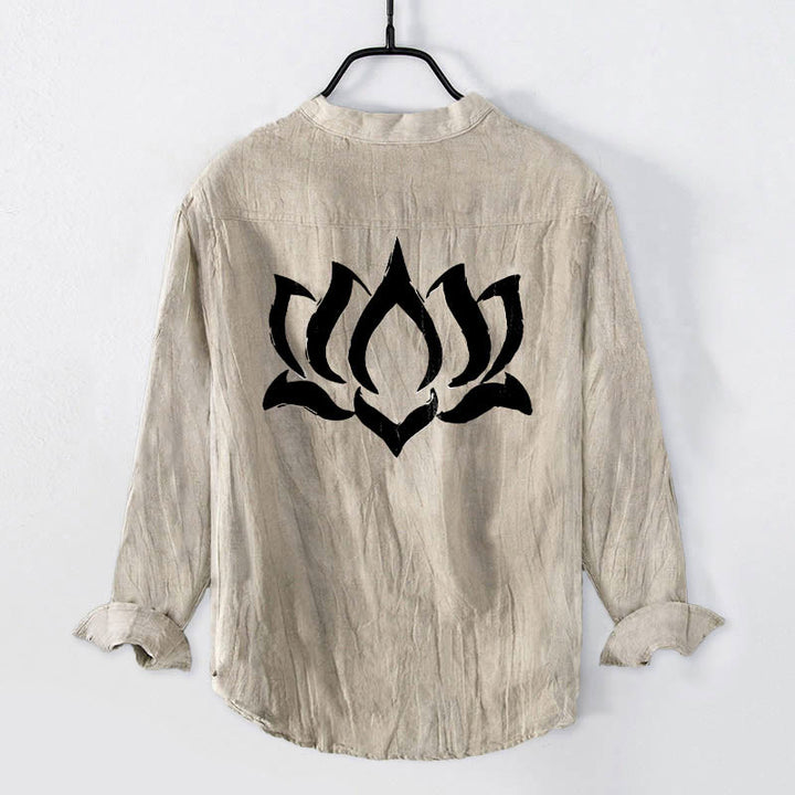 Camisa de manga larga para hombre, de algodón y lino, con diseño de botones a la mitad, estampado de Buddha Stones, loto y símbolo Om. - image 5