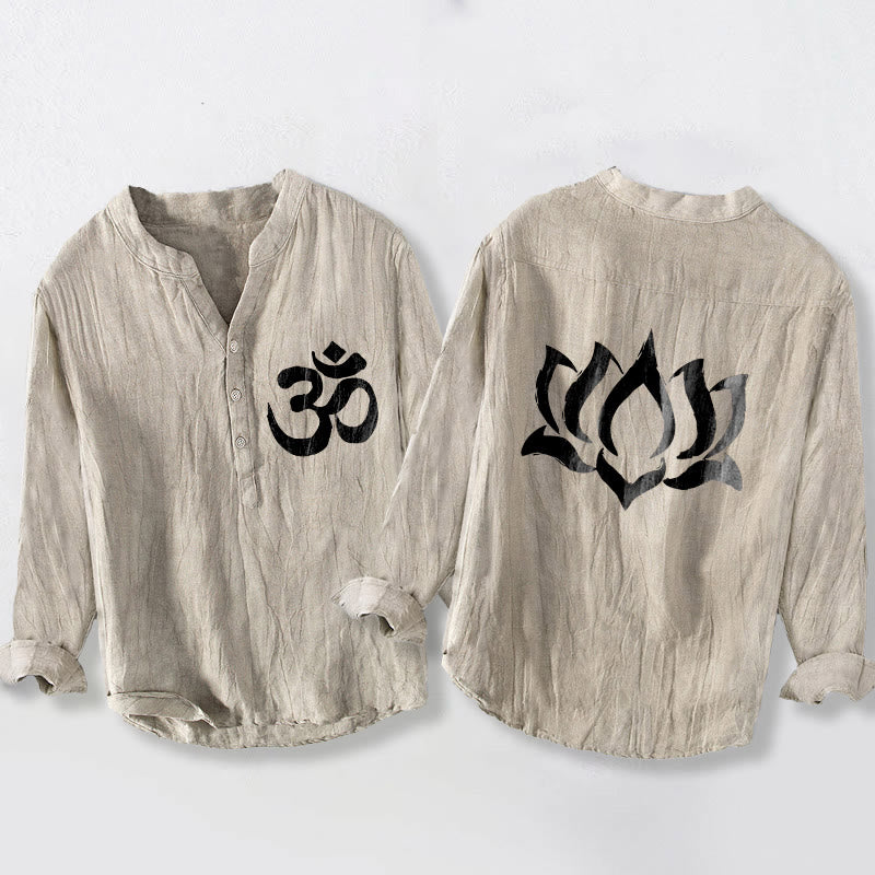Camisa de manga larga para hombre, de algodón y lino, con diseño de botones a la mitad, estampado de Buddha Stones, loto y símbolo Om. - Lino - US/UK/AU50, EU60 (5XL) - image 3