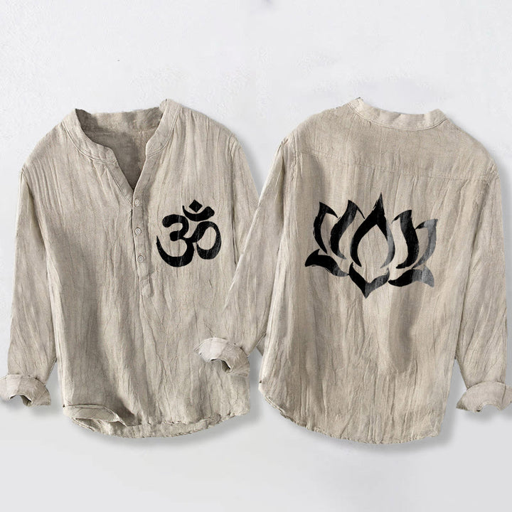 Camisa de manga larga para hombre, de algodón y lino, con diseño de botones a la mitad, estampado de Buddha Stones, loto y símbolo Om. - Lino - US/UK/AU50, EU60 (5XL) - image 3