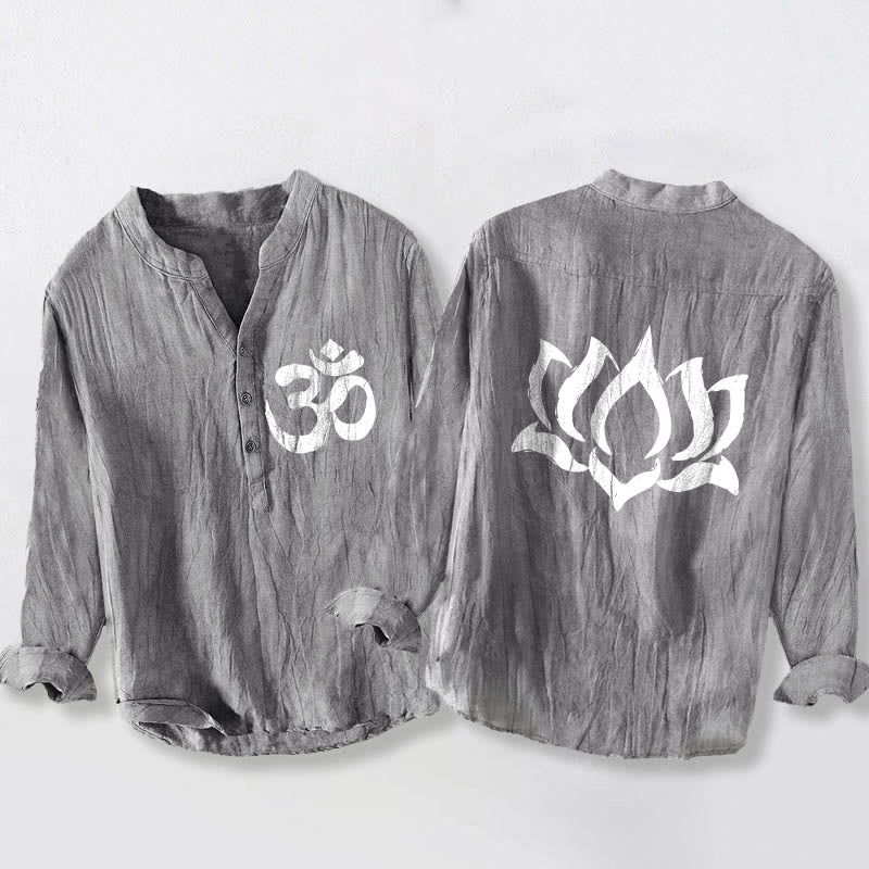 Camisa de manga larga para hombre, de algodón y lino, con diseño de botones a la mitad, estampado de Buddha Stones, loto y símbolo Om. - Gris - US/UK/AU50, EU60 (5XL) - image 0