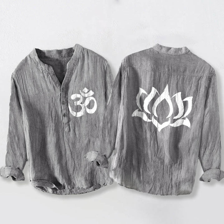 Camisa de manga larga para hombre, de algodón y lino, con diseño de botones a la mitad, estampado de Buddha Stones, loto y símbolo Om. - Gris - US/UK/AU50, EU60 (5XL) - image 0