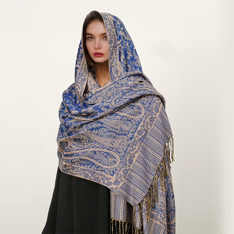Bufanda chal acogedor con borlas y estampado de cachemira tibetano étnico de uso diario con Buddha Stones - Azul pizarra - 70*180 cm - image 10