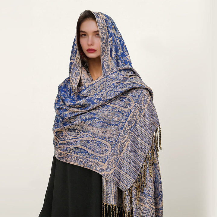 Bufanda chal acogedor con borlas y estampado de cachemira tibetano étnico de uso diario con Buddha Stones - Azul pizarra - 70*180 cm - image 10