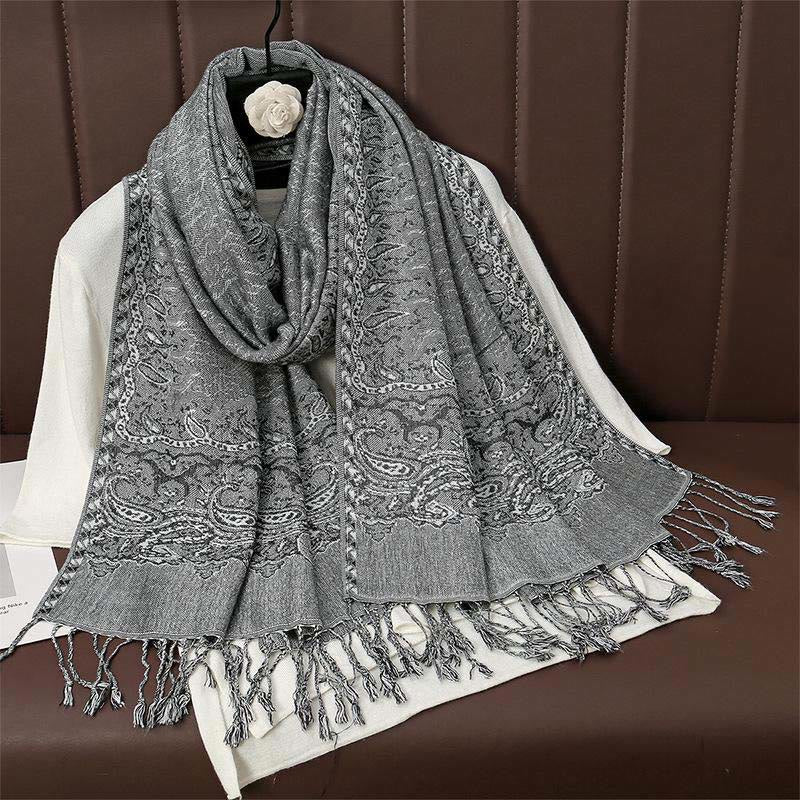 Bufanda chal acogedor con borlas y estampado de cachemira jacquard tibetano étnico de invierno con Buddha Stones - Gris oscuro - 70*190cm - image 13