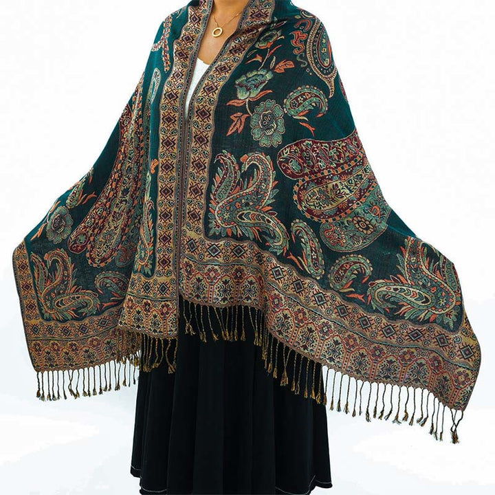 Bufanda chal acogedor con borlas y estampado floral de cachemira tibetano estilo bohemio con Buddha Stones - Verde oscuro - 70*180 cm - image 0