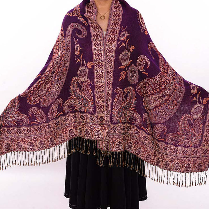 Bufanda chal acogedor con borlas y estampado floral de cachemira tibetano estilo bohemio con Buddha Stones - Magenta oscuro - 70*180 cm - image 16
