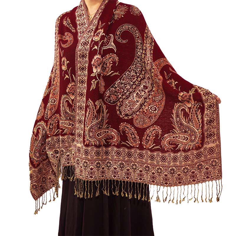 Bufanda chal acogedor con borlas y estampado floral de cachemira tibetano estilo bohemio con Buddha Stones - Rojo oscuro - 70*180 cm - image 8