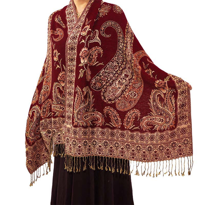 Bufanda chal acogedor con borlas y estampado floral de cachemira tibetano estilo bohemio con Buddha Stones - Rojo oscuro - 70*180 cm - image 8