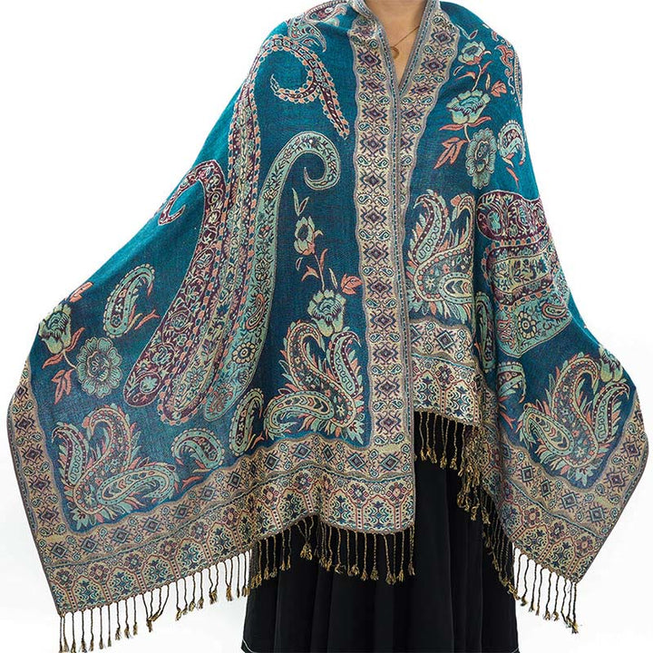 Bufanda chal acogedor con borlas y estampado floral de cachemira tibetano estilo bohemio con Buddha Stones - Verde azulado - 70*180 cm - image 12