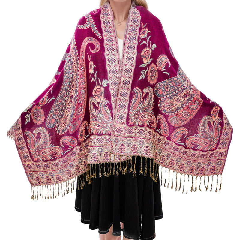 Bufanda chal acogedor con borlas y estampado floral de cachemira tibetano estilo bohemio con Buddha Stones - Rojo violeta medio - 70*180 cm - image 19