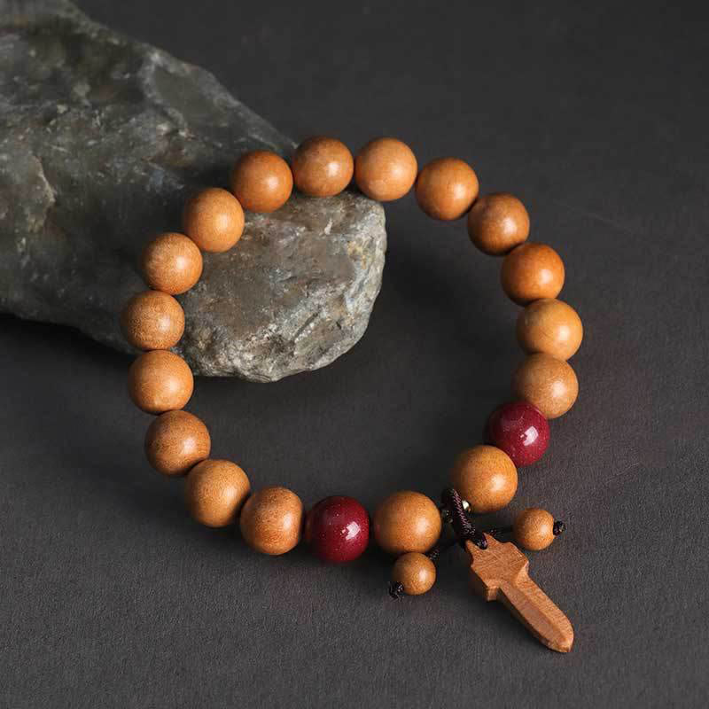 Pulsera de riqueza con amuleto de espada de cinabrio y madera de melocotón con Buddha Stones - Madera de durazno de 10 mm (circunferencia de la muñeca: 15-17 cm) - image 0