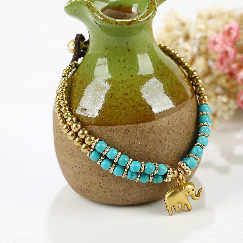 Pulsera de cobre chapado en doble capa con Buddha Stones , turquesa y elefante, para la suerte - Turquesa (circunferencia de la muñeca: 15-18 cm) - image 8