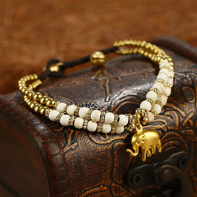 Pulsera de cobre chapado en doble capa con Buddha Stones , turquesa y elefante, para la suerte - Turquesa blanca (circunferencia de la muñeca: 15-18 cm) - image 0