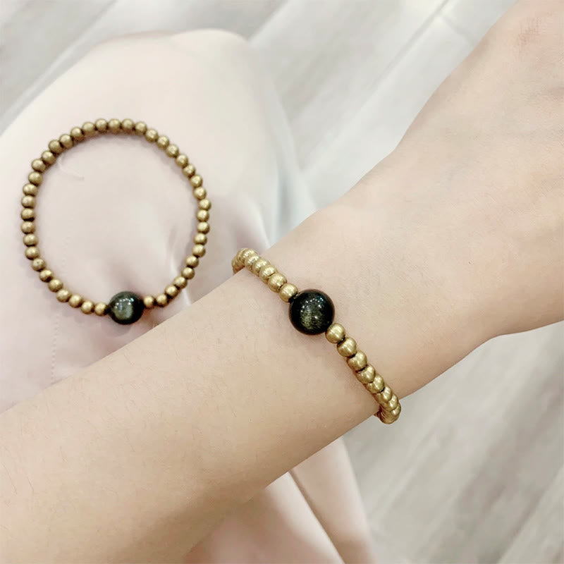 Pulsera de obsidiana con Buddha Stones , cobre, latón y brillo dorado para proteger la riqueza - image 2